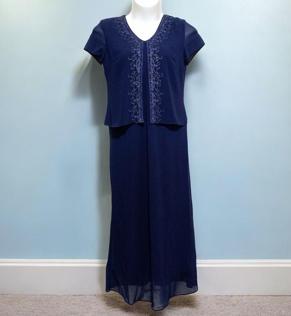 Positive Attitude Formal Gown Dress With Jacket Sz 12 Navy Blue Short Sleeve
